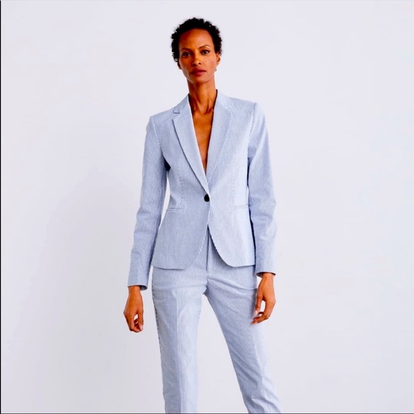 Zara Jackets & Coats Zara Blue And White Seersucker Blazer M